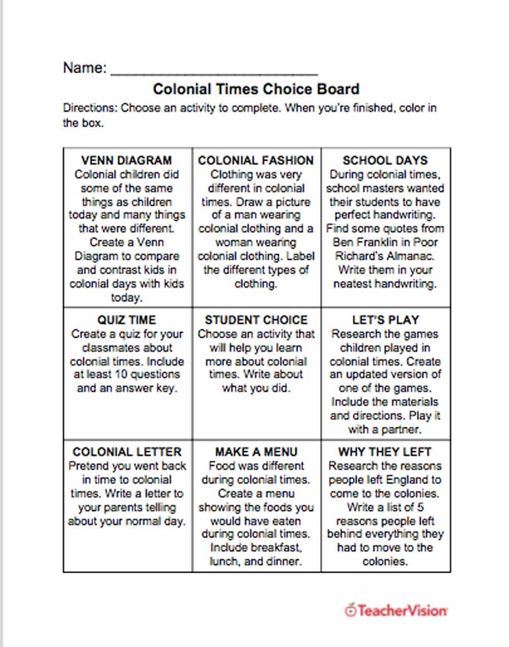 activities to support students to learn about the colonies 