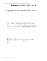 Polynomial Functions, Set 1